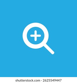 Magnifying glass icon with a plus symbol on a blue background, representing zoom, search, or enlargement functions in user interfaces and digital design elements.