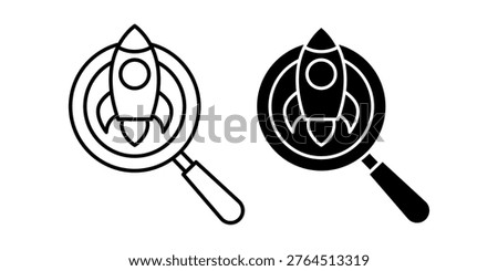 Magnifying glass icon with rocket symbol representing growth, startup launch, and innovation. Ideal for business platforms, development strategies, and performance acceleration systems.