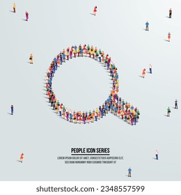 magnifying glass icon or Search concept. large group of people form to create shape magnifying glass. Vector illustration.