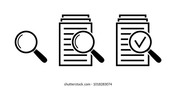 Magnifying glass icon set, check assess signs, symbols of scrutiny plan in flat style, search documents icons, quality signs or success, paper labels. Vector illustration for web site, mobile app.