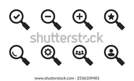 Magnifying glass icon set. Containing magnifying glass, find, research, SEO and investigate icons. Search icons. Loupe. Zoom symbol. Тrendy flat glyph style. Vector Illustration.
