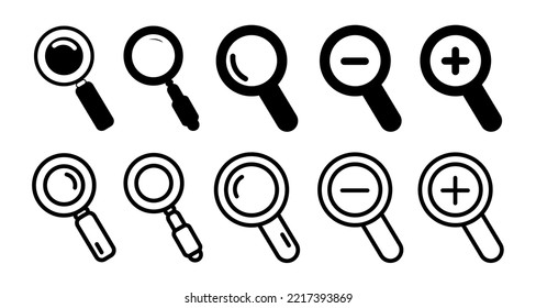 Magnifying Glass Icon Set In Flat Style Vector Illustration. Magnifying Sign, Magnifier, Search, Find Symbols