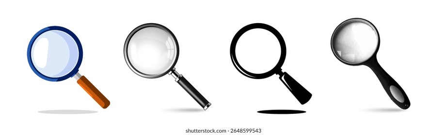 Magnifying Glass Icon Set. Loupe stickers in flat, cartoon and realistic 3D style. Zoom and search tool. Scientific research and optical effect. Vector illustration collection isolated on background