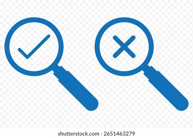 Magnifying glass icon set. loupe sign with check mark, plus symbol. Search icons. Search Icon vector illustration. zoom in and zoom out symbol. right wrong. Yes and No sign eps 10