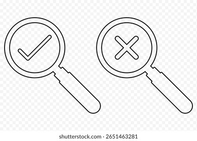 Magnifying glass icon set. loupe sign with check mark, plus symbol. Search icons. Search Icon vector illustration. zoom in and zoom out symbol. right wrong. Yes and No sign eps 10