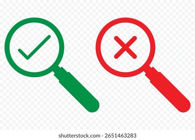 Magnifying glass icon set. loupe sign with check mark, plus symbol. Search icons. Search Icon vector illustration. zoom in and zoom out symbol. right wrong. Yes and No sign eps 10