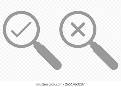 Magnifying glass icon set. loupe sign with check mark, plus symbol. Search icons. Search Icon vector illustration. zoom in and zoom out symbol. right wrong. Yes and No sign eps 10