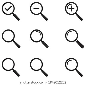 Magnifying glass icon set. magnifier or loupe sign isolated on white, Search symbol. Vector illustration
