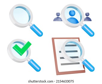 Magnifying glass icon set. Search and Review. Find a person, employee, checkmark, read a document. Isolated 3d icons, objects on a transparent background