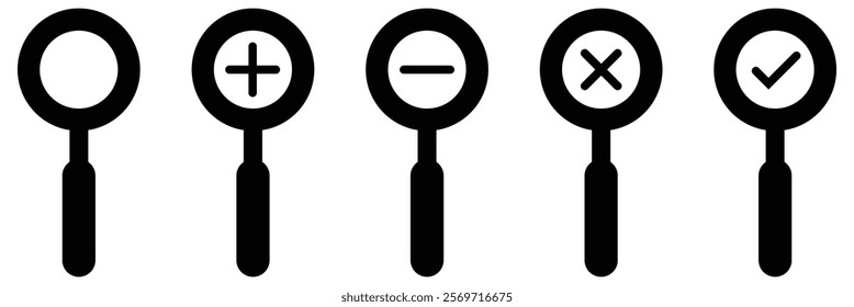 Magnifying glass icon set. Search icons. Loupe. Magnifying glass icon, search icon Vector Illustration, Magnifying glass set, Zoom symbol, zoom lens sign, scan search symbol isolated, 