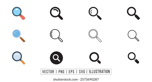 Magnifying glass icon set, search icon, Magnifying glass set, Zoom symbol, zoom lens sign, scan, search symbol isolated, search, magnifying, glass, research for web icons flat vector illustration.