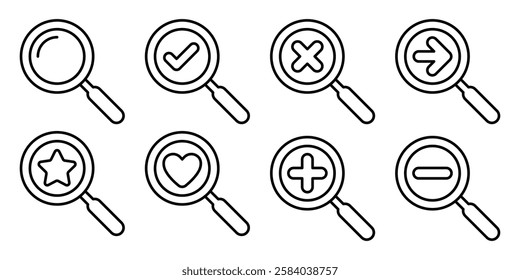 Magnifying glass icon set. Search icon. Zoom symbol. Check mark true and false symbol tick icon. Digital marketing, data analysis, management, investigate, find, search, financial, graph, vector.