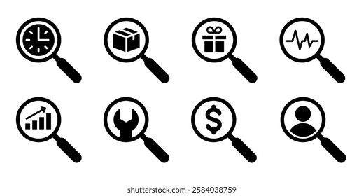 Magnifying glass icon set. Search icon. Zoom symbol. Check mark true and false symbol tick icon. Digital marketing, data analysis, management, investigate, find, search, financial, graph, vector.