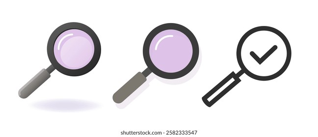 Magnifying glass icon set simple 3d flat cartoon modern graphic set, search find sign symbol line stroke outline, zoom enlarge inspection tool minimal pictogram, research analyzing loupe cut out
