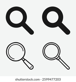 Magnifying Glass Icon Set. Simple Black and White Magnifying Glass Icons. Search and Zoom Icons.