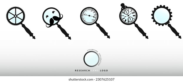 Conjunto de iconos de la luna de aumento. Símbolo tecnológico estilo steampunk. Diseño gráfico plano, silueta, logos o botón para aplicaciones y sitios web. Concepto de búsqueda y exploración virtual.