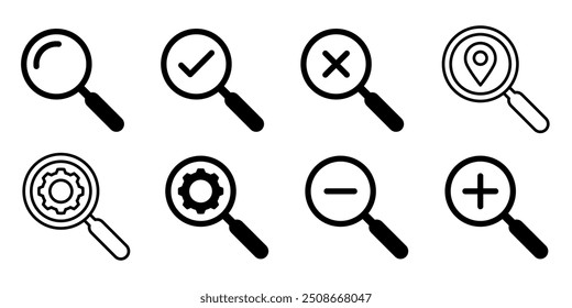 Ícone de lente de aumento. Conjunto de lupas. Símbolo de zoom. Ícone de marca de seleção de símbolo verdadeiro e falso. Ilustração de vetor.