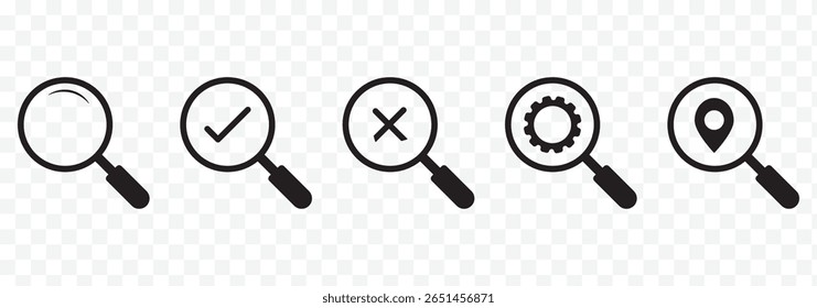Magnifying glass icon. Magnifying glass set. Zoom symbol. Check mark true and false symbol tick icon. Magnifying glass icon set, loupe icon. eps 10