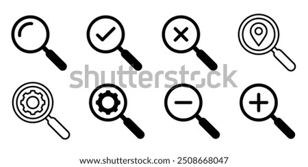 Magnifying glass icon. Magnifying glass set. Zoom symbol. Check mark true and false symbol tick icon. Vector Illustration.