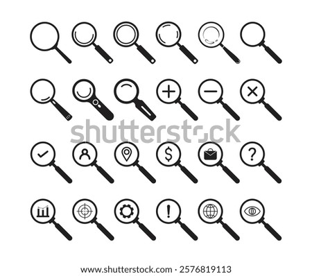 Magnifying glass icon set, Zoom symbol and Search icon collection Vector illustration.