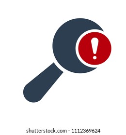 Magnifying glass icon, Tools and utensils icon with exclamation mark. Magnifying glass icon and alert, error, alarm, danger symbol. Vector illustration