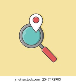 Magnifying glass icon. Vector illustration of a magnifying glass with a location mark designed in a flat cartoon style.