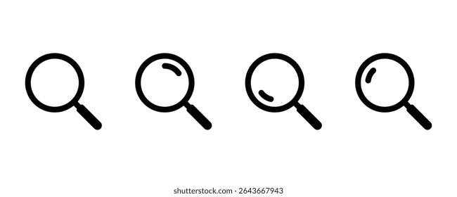 Suche Symbolsatz - Vergrößerungsglas, Zoom, Objektiv, Symbole im modernen Minimalstil finden