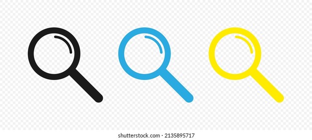 Magnifying glass icon vector set for web, computer and mobile app. Black, blue and yellow zoom symbols isolated on transparent background. Vector EPS 10