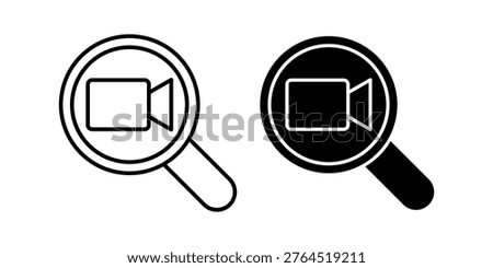 Magnifying glass icon with video camera symbol representing media search, video recording, and streaming platforms. Suitable for content systems, entertainment services, and digital media tools.