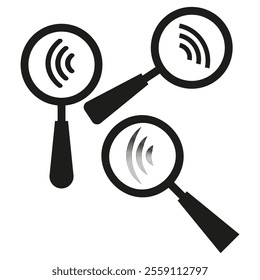 Magnifying glass icon. Wireless signal focus. Search vector design. Black and white style.