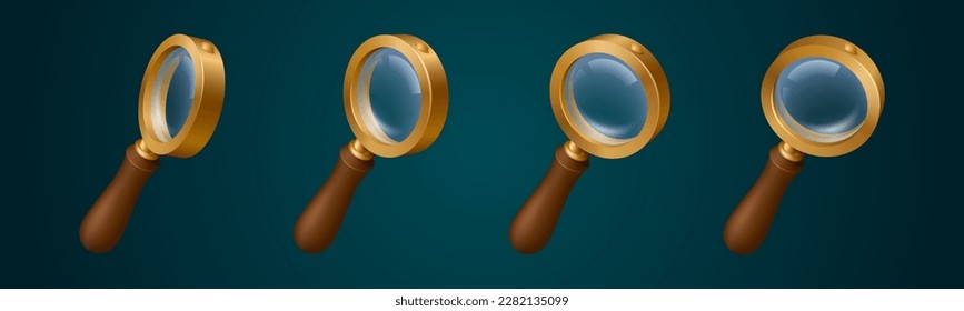 Iconos de vidrio de aumento. 3d loupe, herramienta para zoom, búsqueda y enfoque. Símbolo de objeto de juego de lupa en marco dorado con lente transparente, ilustración de cartografía vectorial