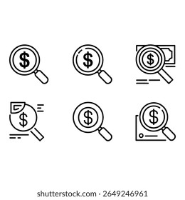 Magnifying Glass Icons Dollar Sign Finance Investment Search Money Line Art Black and White Minimalist Style