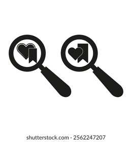 Magnifying glass icons. Heart and bookmark focus. Vector black symbols. Simple abstract designs.