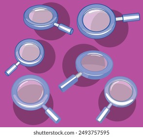 Magnifying glass icons isolated on a purple background and displayed from different angles.