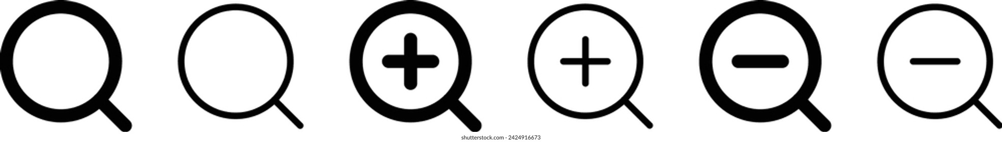 Magnifying glass icons set, search, magnifying glass, magnifier, find, lens, clarity, ui, interface, sign, zoom in, loupe, view more