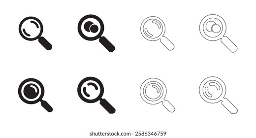 Magnifying Glass icons set simple clean and smooth Solid and Outline Styles vector icons in black on a white background.
