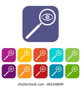 Magnifying glass icons set vector illustration in flat style in colors red, blue, green, and other