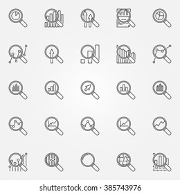 Magnifying glass icons - vector set of business analytics linear signs. Thin line magnifying glass with charts and diagrams symbols 