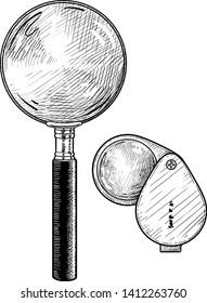 Magnifying glass illustration, drawing, engraving, ink, line art, vector