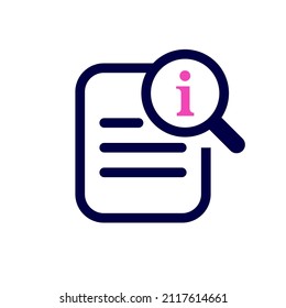 Magnifying glass and information icon. Info search, find manuals icon. Customer support. Researching information icon. Helpful knowledge. Faq