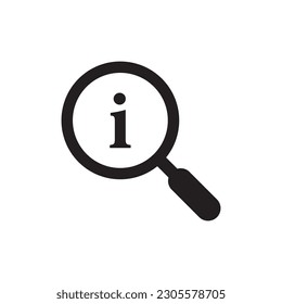 Magnifying glass and information icon. Info search, find manuals icon. Customer support. Researching information icon. Helpful knowledge.