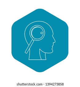 Magnifying glass inside human head icon. Outline illustration of magnifying glass inside human head vector icon for web