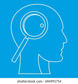 Magnifying glass inside human head icon blue outline style isolated vector illustration. Thin line sign