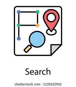 
Magnifying glass inside a map with some path and location pointer, indicating location search
