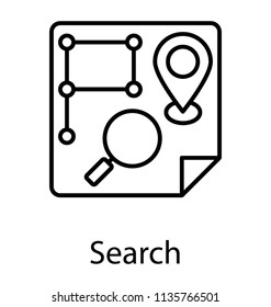 
Magnifying glass inside a map with some path and location pointer, indicating location search

