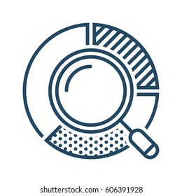 Magnifying Glass inside Pie Chart vector icon in meaning Data Analysis