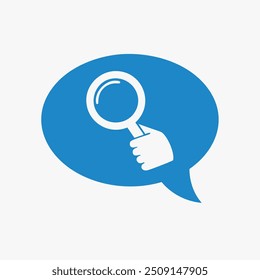 Magnifying glass inside speech bubble icon. White magnifying glass held by a hand inside a blue speech bubble. This simple icon represents search, exploration, and discovery.