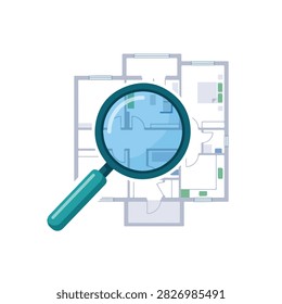 Magnifying glass inspecting architectural house floor plan. A teal magnifying glass focused on a detailed blue and green architectural layout on a white background. Ideal for real estate marketing, home inspection services, or construction planning.