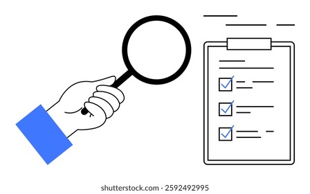 Magnifying glass inspecting a checklist on clipboard, with check marks. Ideal for productivity, task management, auditing, quality control, research, goal setting, project planning. Banner