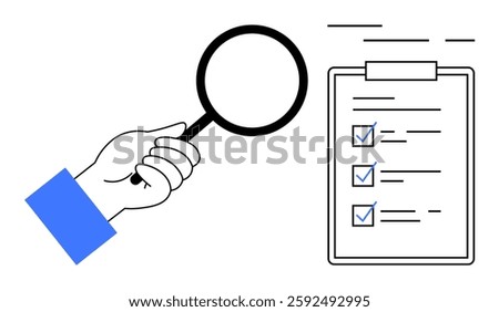 Magnifying glass inspecting a checklist on clipboard, with check marks. Ideal for productivity, task management, auditing, quality control, research, goal setting, project planning. Banner